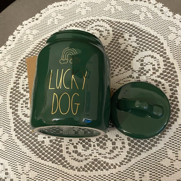Rae Dunn Lucky Dog canister green with gold letters. - Picture 6 of 7